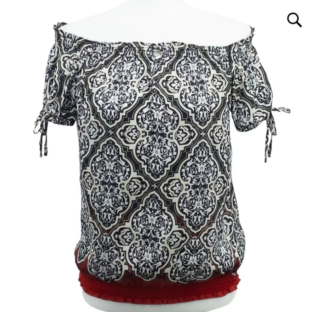 WHBM SILK Black and White Off-Shoulder Top